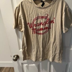 Wranglin' Momma Beige T-Shirt with Red Graphic